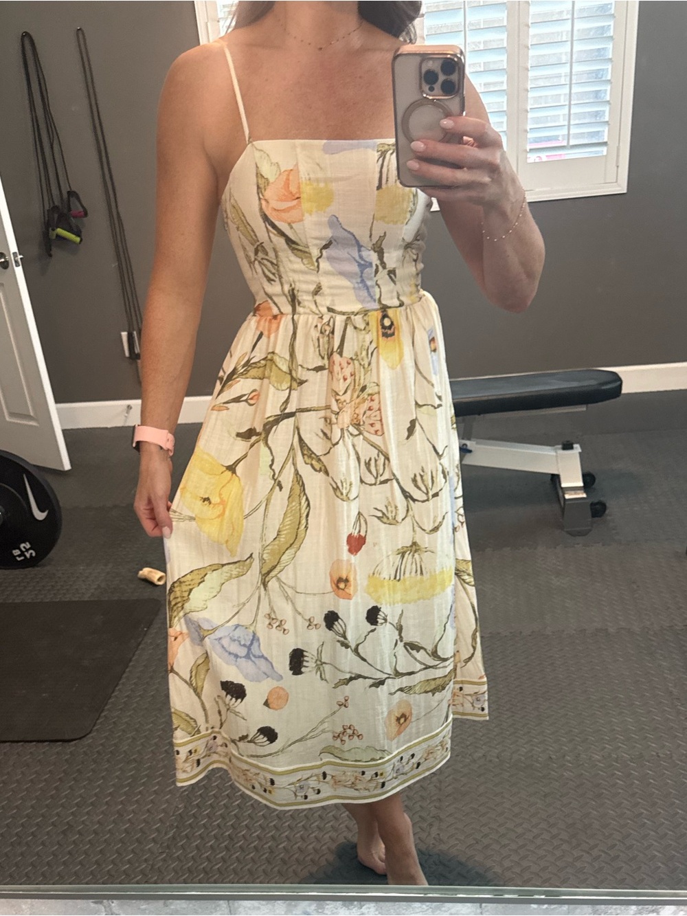 H&M Cream Floral Spaghetti-Strap Midi Dress